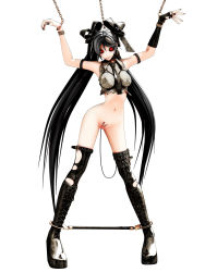 1girl 3d arms_up bdsm belt black_hair black_ribbon black_sclera black_thighhighs bondage boots bound breasts buckle bug calne_ca_(deino) chain collar colored_sclera cuffs deino_(deino3330) female_focus gloves hair_ribbon harness head_tilt highres leash leg_belt long_hair looking_at_viewer midriff nail_polish navel original pubic_tattoo pussy red_eyes revealing_clothes ribbon sex_toy simple_background single_glove skinny slender small_breasts solo spreader_bar stomach tattoo thighhighs uncensored very_long_hair vibrator white_background