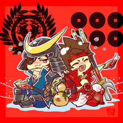 2boys :3 absurdres alcohol armor black_gloves blue_pants blush brown_eyes brown_hair chibi chibi_only cropped_jacket cup date_masamune_(sengoku_basara) drunk eyepatch gloves gourd headband heart heart_in_mouth helmet highres jacket japanese_armor jewelry kabuto_(helmet) long_hair looking_at_another male_focus multiple_boys mushimegane333 necklace no_shirt pants polearm red_background red_headband red_jacket sakazuki sake sanada_clan_(emblem) sanada_yukimura_(sengoku_basara) sengoku_basara short_hair sitting smirk spear weapon white_pants