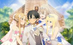 1boy 3girls :d ^_^ alice_zuberg arm_grab asuna_(sao) asuna_(stacia)_(sao) black_eyes blonde_hair blue_eyes blurry blurry_background blush braid breasts bridal_veil brown_eyes brown_hair cleavage closed_eyes closed_mouth collarbone day diadem dress earrings eydis_(sao) fingerless_gloves flower gloves grey_vest half_up_braid jacket jewelry kirito kirito_(sao-alo) lens_flare long_hair long_sleeves looking_at_another medium_breasts multiple_girls necklace open_clothes open_jacket open_mouth outdoors pink_flower pink_rose pointy_ears rose shirt short_hair_with_long_locks sidelocks sleeveless sleeveless_dress smile strapless strapless_dress sword_art_online sword_art_online:_alicization sword_art_online:_unleashed_blading titania_(sao) veil very_long_hair vest wedding_dress white_dress white_gloves white_jacket white_shirt