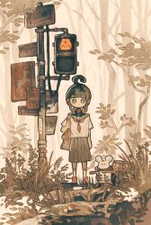 1girl acorn ahoge ahoge_girl_(jimini_shijimi) arm_at_side bag bush closed_mouth commentary_request converse day dot_mouth forest grass hand_up highres holding_strap jimini_shijimi looking_at_viewer monochrome mouse_(animal) nature no_nose no_pupils outdoors overgrown pedestrian_lights pleated_skirt road_sign sailor_collar school_bag school_uniform sepia serafuku shadow shirt shoes short_hair short_sleeves sidelocks sign signpost skirt solo wide_shot