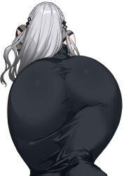 Rule 34 | 1girl, all fours, ass, ass focus, black dress, braid, close-up, dress, from behind, furuno (furuno132nw), grey hair, highres, long hair, nijisanji, side braids, simple background, solo, sophia valentine, sophia valentine (1st costume), tight clothes, tight dress, virtual youtuber, white background