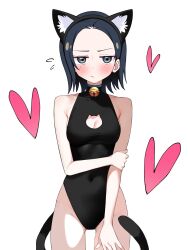 1girl animal_ears bare_shoulders bell black_leotard blue_eyes blue_hair blush breasts cat_cutout cat_ears cat_tail cleavage cleavage_cutout closed_mouth clothing_cutout commentary comoli_harcourt covered_collarbone covered_navel cowboy_shot groin gundam gundam_gquuuuuux heart highleg highleg_leotard highres holding_own_arm jitome leotard mole mole_under_eye neck_bell sabi1234 short_hair simple_background solo tail white_background