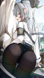 1girl absurdres ahoge anus anus_peek armband ass black_armband black_horns black_panties black_pants breasts can clothes_pull commentary cowboy_shot curled_horns drink_can english_commentary from_behind grey_hair highres horns indoors large_breasts long_hair looking_at_viewer looking_back multicolored_hair open_mouth panties panties_under_pantyhose pants pants_pull pantyhose partially_visible_vulva pen red_eyes revision ryeon_(naturesan) shirt solo streaked_hair thighband_pantyhose underwear white_shirt wuthering_waves zani_(wuthering_waves)