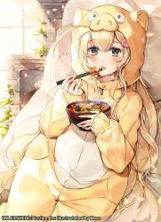 1girl :o ahoge animal_costume artist_name black_socks blonde_hair blush bowl cauldron chopsticks copyright_name day eating fang female_focus fireplace flying_sweatdrops food grey_eyes hair_ornament highres holding holding_bowl holding_chopsticks indoors light_particles long_hair long_sleeves looking_at_viewer mo:oku official_art open_mouth pig_costume pig_hair_ornament shrimp sitting sleeves_past_wrists socks solo soup steam sweat thigh_gap unleashed very_long_hair window