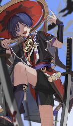 Rule 34 | 1boy, armor, black bodysuit, black hair, black kimono, black leggings, black sandals, black shorts, black sleeves, blood, bloody weapon, blue background, bodysuit, eyelashes, eyeliner, eyeshadow, fingernails, from below, furisode, genshin impact, gold, gold trim, grey veil, hair intakes, hands up, hat, highres, japanese armor, japanese clothes, jewelry, jingasa, juban, katana, kimono, knee up, kote, kurokote, layered shorts, layered sleeves, leggings, looking at viewer, looking down, makeup, male focus, mandarin collar, mitsudomoe (shape), multicolored hair, neck ring, o-ring, open clothes, open kimono, open mouth, planted, planted sword, planted weapon, purple eyes, purple hair, purple rope, purple sash, purple shorts, purple sleeves, red eyeliner, red eyeshadow, red hat, red kimono, red sash, rope, rtms, sandals, sash, scaramouche (genshin impact), shimenawa, short sleeves, shorts, smirk, solo, streaked hair, sword, teeth, toes, tomoe (symbol), twitter username, uneven eyes, veil, watermark, weapon, white kimono, white rope, white trim, wispy bangs, zouri