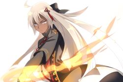 1girl ahoge black_bow black_coat black_dress bow breasts coat dark-skinned_female dark_skin dress echo_(circa) fate/grand_order fate_(series) fire grey_eyes hair_bow half_updo katana koha-ace large_breasts long_hair long_sleeves looking_at_viewer okita_souji_(fate) okita_souji_alter_(fate) okita_souji_alter_(second_ascension)_(fate) open_clothes open_coat red_dress solo sword tassel two-tone_dress very_long_hair weapon white_hair