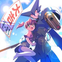 Rule 34 | 1boy, 1girl, android, armor, asagi marin, ass, barefoot, brigadoon, brown hair, closed mouth, cloud, colored skin, day, dress, glasses, green eyes, looking at viewer, mecha, melan blue, open mouth, panties, ponytail, red eyes, robot, short hair, skirt, sky, tetsukuzu tetsuko, underwear, weapon