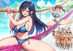 Rule 34 | 2girls, 6+boys, amamiya chihiro, bikini, black hair, blue bikini, blue eyes, blush, breasts, brown hair, cameltoe, censored, crowd, female orgasm, floral print bikini, frilled bikini, frills, hair ornament, hairclip, hechima koubou, large breasts, long hair, mesu game ~tsukamareba soku nakadashi! 100 hyaku oku-en to chijoku o kaketa survival~, mosaic censoring, mountainous horizon, multiple boys, multiple girls, nature, orgasm, outdoors, penis, pussy juice, rope walking, running, shiny skin, side-tie bikini bottom, struggling, sweat, swimsuit, twintails, waiting