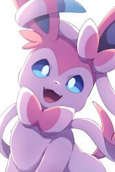 :d blue_eyes bright_pupils commentary_request creatures_(company) fangs game_freak gen_6_pokemon happy highres looking_at_viewer nintendo no_humans open_mouth pokemon pokemon_(creature) pokemon_focus rumine_(yoshi1234567) smile solo sylveon white_background white_pupils