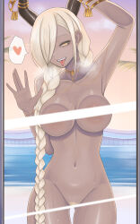 1girl absurdres against_glass areola_slip azur_lane bar_censor blonde_hair blonde_pubic_hair braid breasts censored cleavage collarbone completely_nude cowboy_shot dark-skinned_female dark_skin female_pubic_hair hair_over_one_eye heart highres horn_ornament horns kuchidan large_breasts large_horns long_hair looking_at_viewer low_twin_braids mole mole_under_mouth navel nude owari_(azur_lane) pubic_hair solo speech_bubble spoken_heart standing thigh_gap twin_braids very_long_hair white_nails yellow_eyes