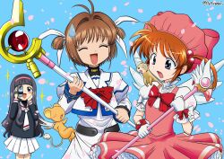 Rule 34 | 3girls, antenna hair, black hair, blush, bow, brown hair, cardcaptor sakura, cosplay, costume switch, daidouji tomoyo, dress, fuuin no tsue, gloves, hair ornament, hair ribbon, hairband, hat, highres, holding, holding wand, kero (cardcaptor sakura), kinomoto sakura, kinomoto sakura (cosplay), long hair, long sleeves, lyrical nanoha, magical girl, mahou shoujo lyrical nanoha, multiple girls, open mouth, pink hat, purple eyes, raising heart, ribbon, school uniform, shirt, short hair, skirt, smile, staff, sweatdrop, takamachi nanoha, takamachi nanoha (cosplay), tomoeda elementary school uniform, tomoeda middle school uniform, twintails, wand, white gloves, wings, yu hirasaki, yuuno scrya