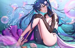 Rule 34 | 1girl, absurdres, barefoot, black gloves, black hair, black panties, blue dress, breasts, bubble, cleavage, commentary, dress, elbow gloves, feet, gloves, gnxxe1, goddess of victory: nikke, green hair, hair intakes, highres, jellyfish, knees up, large breasts, little mermaid (abyss flower) (nikke), little mermaid (nikke), long hair, looking at viewer, multicolored hair, panties, revealing clothes, shell, sitting, solo, starfish, symbol-only commentary, toes, two-tone hair, underwater, underwear, very long hair, yellow eyes