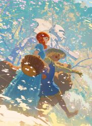 1girl animal axe barefoot basket blue_dress blue_eyes breasts carrying_over_shoulder cowardly_lion day dorothy_gale dress flower from_side hair_over_shoulder hat highres holding holding_axe long_sleeves medium_breasts medium_hair multi-tied_hair nature outstretched_arm overalls petals profile puddle puffy_short_sleeves puffy_sleeves red_hair reflection scarecrow scarecrow_(the_wizard_of_oz) sheya_tin shirt short_sleeves sideways_glance straw_hat the_wizard_of_oz tin_man_(the_wizard_of_oz) walking water yellow_shirt