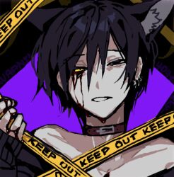 Rule 34 | 1boy, animal ears, black eyes, black hair, black sweater, bleeding, blood, blood on hands, bloody tears, caution tape, chino (sky tanosi), collar, dog boy, dog ears, heterochromia, keep out, looking at viewer, male focus, off shoulder, original, parted lips, purple background, short hair, solo, sweater, upper body, yellow eyes