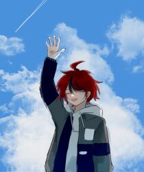 1boy ahoge black_hair blue_sky closed_eyes hand_up highres hood hoodie male_focus multicolored_hair open_mouth outdoors red_hair sky solo sumino_takumi the_hundred_line_-last_defense_academy-