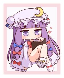 1girl blue_bow blush book boots border bow chibi closed_mouth commentary_request crescent crossed_legs frills full_body hair_bow hana_kazari hat highres long_hair mob_cap open_book open_clothes open_robe panties patchouli_day patchouli_knowledge pink_border purple_eyes purple_hair purple_hat purple_robe red_bow robe shoe_soles solo sweat touhou underwear very_long_hair white_background white_boots white_panties yellow_bow