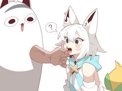 &lt;o&gt;_&lt;o&gt; 1girl :3 :d ? absurdres animal_ear_fluff animal_ears aqua_neckerchief black_eyes blush cocomayo29_(tomato) commentary_request fox_ears fox_girl highres hololive korean_commentary miteiru_(shirakami_fubuki) neckerchief open_mouth personification sharp_teeth short_hair simple_background smile solo spoken_question_mark sukonbu_(shirakami_fubuki) teeth tongue tongue_grab veins veiny_arms virtual_youtuber white_background white_hair