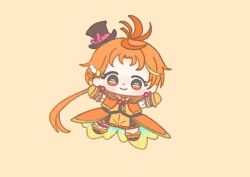Rule 34 | 1boy, absurdly long hair, antenna hair, black boots, black hat, blonde hair, boots, bow, bowtie, brooch, capelet, chibi, closed mouth, coat, coattails, commentary, cure wing, dot nose, earrings, eyelashes, frilled gloves, frilled shorts, frilled thigh strap, frills, gloves, hair ornament, hairclip, happy, hat, hat bow, hirogaru sky! precure, ichigo usuhana, jewelry, knee boots, light blush, long hair, looking at viewer, loose hair strand, low ponytail, magical boy, male focus, mini hat, mini top hat, multicolored boots, multicolored hair, multiple earrings, open clothes, open coat, orange background, orange boots, orange bow, orange bowtie, orange capelet, orange coat, orange eyes, orange gloves, orange hair, orange shorts, orange theme, orange vest, outstretched arms, pink bow, ponytail, precure, puffy short sleeves, puffy sleeves, shirt, short sleeves, shorts, simple background, sleeveless, sleeveless coat, smile, solo, sphere earrings, streaked hair, striped coat, tareme, thigh strap, top hat, two-sided coat, two-sided fabric, two-tone boots, two-tone hair, vertical-striped coat, very long hair, vest, white shirt, wing hair ornament, yuunagi tsubasa