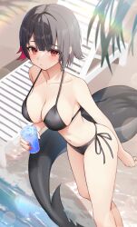 1girl absurdres alternate_costume arm_behind_back beach beach_chair bikini black_bikini black_hair blush breasts chair cleavage closed_mouth collarbone commentary commentary_typo cup day ellen_joe english_commentary fins fish_tail hair_between_eyes highres holding holding_cup large_breasts looking_at_viewer lounge_chair medium_hair multicolored_hair navel outdoors red_eyes red_hair shark_girl shark_tail short_hair side-tie_bikini_bottom solo stomach streaked_hair swimsuit tail thomas_8000 tropical_drink water zenless_zone_zero