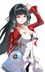 1girl a_maple absurdres astra_yao black_hair breasts cleavage dress earrings hair_intakes hairband highres jewelry large_breasts long_hair looking_at_viewer necklace pearl_necklace red_eyes red_shrug smile uneven_bangs white_background white_dress white_hairband zenless_zone_zero