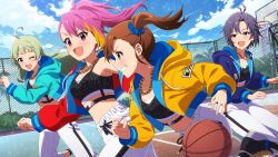 4girls basketball basketball_hoop black_hair blonde_hair blue_eyes brown_hair bush cloud fence futami_mami game_cg green_hair hood hoodie idolmaster idolmaster_million_live! idolmaster_million_live!_theater_days jewelry kikuchi_makoto maihama_ayumu multicolored_hair multiple_girls necklace official_art open_mouth pants pink_eyes pink_hair ponytail shimabara_elena side_ponytail