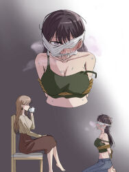 Rule 34 | 2girls, arms behind back, bang dream!, bang dream! it&#039;s mygo!!!!!, bare shoulders, barefoot, bdsm, black hair, blindfold, blush, bondage, bound, breasts, brown hair, brown skirt, chair, cleave gag, cloth gag, covered erect nipples, crop top, crossed legs, cup, denim, drinking, gag, gagged, highres, holding, holding cup, improvised gag, jeans, large breasts, multiple girls, multiple views, nagasaki soyo, on chair, one eye covered, pants, pesirxy, purple eyes, saliva, seiza, shiina taki, simple background, sitting, skirt, strap slip
