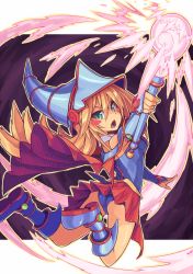 1girl ass back bare_shoulders blonde_hair blue_boots blush boots breasts cape choker dark_magician_girl duel_monster female_focus green_eyes hat leotard long_hair looking_back medium_breasts open_mouth saltydanshark skirt solo staff wand wizard_hat yu-gi-oh! yu-gi-oh!_duel_monsters