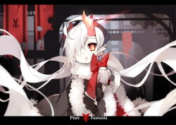 1girl copyright_name demon_girl horns letterboxed long_hair pixiv_fantasia pixiv_fantasia_t pointy_ears red_eyes red_rulu_(saru) rulu_(saru) saru very_long_hair white_hair