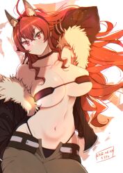 1girl aged_up ahoge animal_ears arm_up armpits bandeau bare_shoulders belt black_hairband black_jacket black_panties blush breasts cat_ears choker cleavage closed_mouth collarbone commentary_request cosplay cowboy_shot crossed_bangs dated eris_greyrat fake_animal_ears fur-trimmed_jacket fur_trim ghislaine_dedoldia ghislaine_dedoldia_(cosplay) green_pants groin hair_between_eyes hairband highleg highleg_panties highres jacket kiyo_(a_sam_ko) large_breasts long_hair long_sleeves looking_at_viewer mushoku_tensei navel off_shoulder open_belt open_pants panties pants red_bandeau red_choker red_eyes red_hair sidelocks solo standing stomach thick_eyebrows underboob underwear very_long_hair