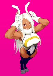 1girl absurdres animal_ears armpits bare_shoulders boku_no_hero_academia breasts clothing_cutout commentary_request covered_abs covered_navel crescent_print dark-skinned_female dark_skin full_body fur_collar furrowed_brow gloves hands_up highleg highleg_leotard highres large_breasts leotard long_eyelashes long_hair looking_at_viewer mirko nervous_smile parted_bangs partial_commentary pink_background purple_thighhighs rabbit_ears rabbit_girl rabbit_pose rabbit_tail red_eyes signature simple_background sleeveless_turtleneck_leotard smile solo standing tail tail_through_clothes taut_leotard teeth thighhighs thighs toned toned_female ur_lilith very_long_hair white_gloves white_hair white_leotard