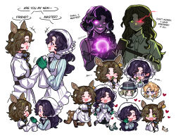 +_+ 2girls :d ? ^_^ animal_ears anjo_nala anne_(reverse:1999) black_hair black_skirt blonney brown_hair centaur chibi closed_eyes coif collage deer_ears deer_girl eating english_text eye_trail face-to-face facing_another flower full_body gloves glowing glowing_eyes green_gloves haihaiera hair_flower hair_ornament hammer hat heart holding holding_grass holding_hammer holding_hands jessica_(reverse:1999) light_trail long_hair long_skirt multiple_girls multiple_views open_mouth pinstripe_pattern pinstripe_shirt profile reverse:1999 shirt skirt smile speech_bubble spoken_character striped_clothes striped_shirt taur upper_body vertical-striped_clothes vertical-striped_shirt vertin_(reverse:1999) white_footwear white_hat white_shirt