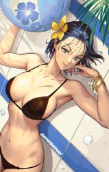 Rule 34 | 1girl, ball, beachball, bikini, colorized, fubuki (one-punch man), green eyes, gxthebatman, highres, lying, on back, one-punch man, pale skin, solo, swimsuit, watermark