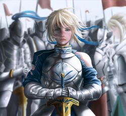 1girl absurdres artoria_pendragon_(fate) bbestkiki blonde_hair blue_ribbon fate/grand_order fate_(series) gauntlets green_eyes hair_ribbon highres long_hair looking_at_viewer multiple_others ribbon single_bare_shoulder sword weapon