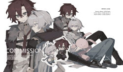 2boys arm_on_another&#039;s_shoulder character_name chibi choker coat english_text fur_trim gloves grey_eyes grey_hair hairband highres jacket male_focus monota02 multiple_boys multiple_views original pants red_hair shirt short_hair simple_background sitting stuffed_animal stuffed_rabbit stuffed_toy white_shirt