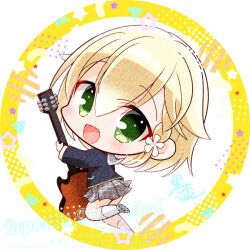 1girl :d black_jacket blonde_hair blush braid chibi chibi_only commentary_request flipped_hair from_behind full_body green_eyes grey_sailor_collar grey_skirt guitar hair_between_eyes happy hinocchio_bkrk holding holding_guitar holding_instrument instrument jacket kariya_wakana kneehighs knees_together_feet_apart long_sleeves looking_at_viewer medium_hair miniskirt open_mouth plaid_clothes plaid_skirt pleated_skirt sailor_collar sanoba_witch school_uniform serafuku simple_background single_braid skirt smile socks solo standing standing_on_one_leg star_(symbol) white_background white_socks