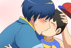 age_difference awkward black_hair blue_hair blush child crossover embarrassed fire_emblem hat kiss male_focus marth_(fire_emblem) mother_(series) mother_2 ness_(mother_2) nintendo prince shirt shota super_smash_bros. yaoi