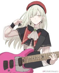 1girl 7-string_guitar bang_dream! bang_dream!_it&#039;s_mygo!!!!! beret black_capelet blush capelet closed_mouth commentary electric_guitar green_hair guitar hat highres holding holding_plectrum instrument long_hair long_sleeves mortis_(bang_dream!) mortis_(costume)_(bang_dream!) mortis_(persona)_(bang_dream!) one_eye_closed plectrum red_hat see-through_clothes see-through_sleeves shirt simple_background solo w1sd8396453 wakaba_mutsumi white_background white_shirt yellow_eyes