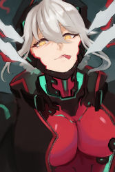 Rule 34 | 1girl, android, bodysuit, breasts, chin guard, cleavage, cropped hoodie, cyberpunk, hair between eyes, highres, hood, hoodie, horns, large breasts, mechabare, red bodysuit, short hair, solo, tongue, tongue out, virtual youtuber, vshojo, white hair, yellow eyes, ynon amai, zentreya, zentreya (cyborg), zentreya (cyborg) (1st costume)