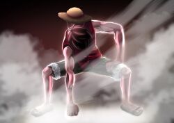 1boy blue_shorts full_body gear_second hand_on_own_thigh hat highres male_focus monkey_d._luffy nabi_love_8 one_piece red_shirt sandals shirt shorts sleeveless smoke solo straw_hat