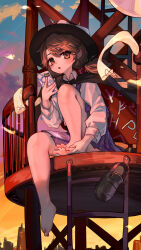 1girl :o absurdres barefoot black_cape black_hat brown_eyes brown_hair cape cellphone dusk fedora hat highres knee_up kourou_(kouroukun) loafers long_sleeves looking_at_viewer low_twintails miniskirt outdoors phone pleated_skirt purple_skirt purple_vest shirt shoes sitting skirt smartphone solo toes touhou twintails unworn_shoes usami_sumireko vest white_shirt