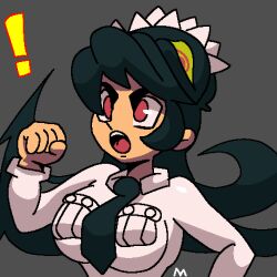 Rule 34 | !, 1girl, arm up, black hair, breasts, clenched hand, female focus, filia (skullgirls), grey background, machinster, necktie, open mouth, red eyes, samson (skullgirls), school uniform, sharp teeth, shirt, simple background, skullgirls, solo, solo focus, teeth, unusual pupils, white shirt, yellow eyes