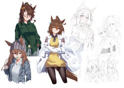 6+girls absurdres agnes_tachyon_(umamusume) brown_hair character_request daiwa_scarlet_(umamusume) highres horse_girl mejiro_palmer_(umamusume) multiple_girls nakayama_festa_(umamusume) open_mouth pink_hair red_eyes smile tuomali umamusume vodka_(umamusume) white_background yellow_sweat