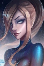 1girl blonde_hair blue_bodysuit blue_eyes bodysuit breasts commentary english_commentary floating_hair grin highres jellyemily looking_up medium_breasts metroid nintendo ponytail samus_aran seductive_smile smile solo space super_smash_bros. teeth zero_suit
