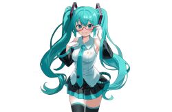 1girl adjusting_eyewear armpits bare_shoulders belt black_hair black_skirt black_thighhighs blue_belt blue_eyes blue_hair blue_nails blue_necktie blush collarbone collared_shirt commentary detached_sleeves fingernails glasses hand_up hashtag-only_commentary hatsune_miku highres kkyungkki long_hair looking_at_viewer necktie pleated_skirt shirt simple_background skirt smile solo thighhighs transparent_background twintails very_long_hair vocaloid white_shirt wing_collar zettai_ryouiki