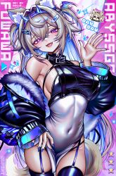 Rule 34 | 1girl, absurdres, alternate costume, animal ear fluff, animal ears, bare shoulders, black jacket, black thighhighs, blonde hair, blue hair, breasts, character name, chibi, chibi inset, clothing request, commentary, cowboy shot, day-0, dog ears, dog girl, dog tail, dress, fuwawa abyssgard, garter straps, highres, hololive, hololive english, jacket, large breasts, long hair, mococo abyssgard, multicolored hair, nail polish, off shoulder, pink background, sideboob, solo, streaked hair, tail, thighhighs, two-tone hair, two side up, virtual youtuber, white dress