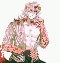 1boy abs arknights black_pants chinese_commentary colored_tips commentary furry furry_male highres horns hung_(arknights) komainu_boy komainu_ears komainu_tail looking_at_viewer male_focus multicolored_hair muscular muscular_male open_mouth pants pectorals s3zwrtdyqaewnci shirt single_horn smile white_background white_shirt