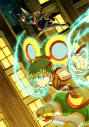 10s armor blue_eyes chinese_clothes detached_sleeves dragon_kid enmto geta glowing glowing_eyes green_eyes hat helmet huang_baoling ivan_karelin origami_cyclone ponytail sandals short_hair shorts shuriken superhero_costume thighhighs tiger_&amp;_bunny weapon