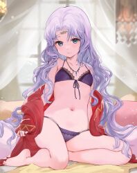 1girl absurdres bare_shoulders barefoot blue_eyes bra circlet clothing_aside commission commissioner_upload fire_emblem fire_emblem:_thracia_776 flat_chest haru_(nakajou-28) highres jewelry lace lace-trimmed_bra lace-trimmed_panties lace_trim light_smile lingerie long_hair looking_at_viewer navel necklace nintendo non-web_source on_bed panties sara_(fire_emblem) sitting skeb_commission solo string_bra thighs underwear