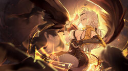 1girl absurdres ahoge asymmetrical_gloves black_background black_shorts black_wings breasts coin coin_on_string commentary_request cropped_jacket fingerless_gloves from_side gloves glowing hair_between_eyes hair_ornament hand_up high-waist_shorts highres holding_ofuda jacket ky_dako large_breasts light_particles long_hair looking_ahead shirt shorts sideboob single_hair_intake solo thighs uneven_gloves very_long_hair white_hair white_shirt wings yellow_eyes yellow_jacket yixuan_(zenless_zone_zero) zenless_zone_zero