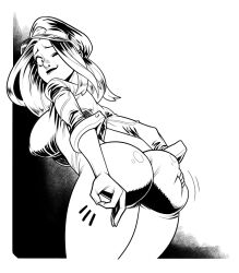 ass bodysuit boku_no_hero_academia boots breasts curvy grabbing_own_ass greyscale groove1121 hands_on_own_ass hat hero high_heel_boots high_heels highres huge_ass large_breasts lineart military_hat monochrome motion_lines one_eye_closed thick_thighs thighs utsushimi_kemii zipper_bodysuit